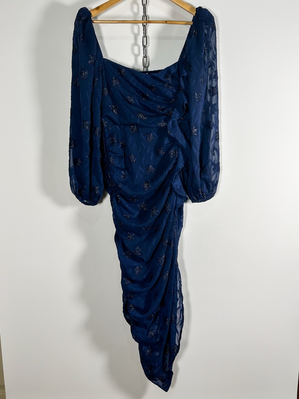 ASTR the Label Navy Athens Dress Floral Ruched Bubble Sleeve